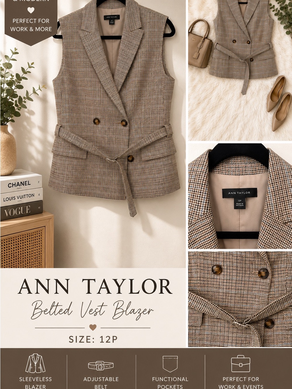Ann Taylor Tan/Brown Plaid Belted Sleeveless Blazer Vest